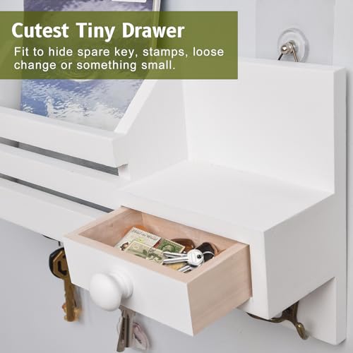 Key Holder Wall Mount, Wooden Key and Mail Organizer, White | 2 Mount Options, Includes 8 Hooks, Fence Mail Slot, Small Drawer and Shelf, for Entryway, Hallway, Doorway, Living Room, RV - color: White