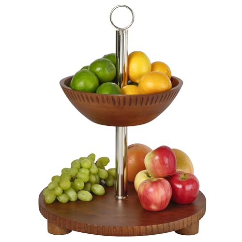 Gourmet Basics by Mikasa Hamden Mango Wood 2-Tier Serving Fruit Basket and Platter – Kitchen Countertop and Buffet Table Stand for Elegant Fruit Display
