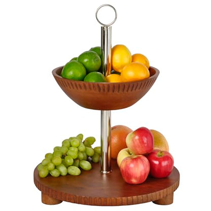 Gourmet Basics by Mikasa Hamden Mango Wood 2-Tier Serving Fruit Basket and Platter – Kitchen Countertop and Buffet Table Stand for Elegant Fruit Display