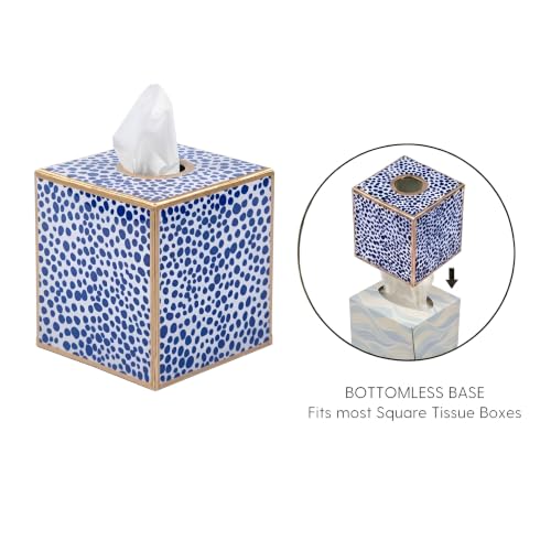 Jaye’s Studio Decorative Square Tissue Box Cover for Bathroom & Home, Premium Tissue Box Holder, Blue & White Print, Luxury Gold Trim & Accents, Shagreen Pattern, Luxury Handmade Metal Decor