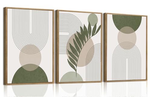 Boho Sage Green Abstract Framed Canvas Wall Art Set of 3, 16x24 inch | Mid Century Abstract Wall Decor, Sage Green Line Leaf Prints, Bedroom Living Room Bathroom Art - color: Sage Green, size: 16"x24"Natural