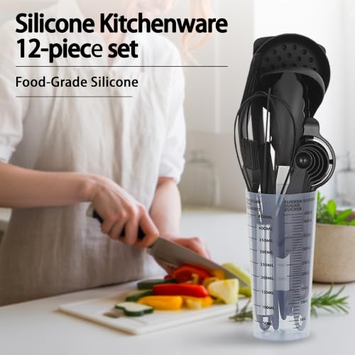 16-Piece Silicone Kitchen Utensil Set with Measuring Cup, Red | Dishwasher-safe BPA-free tools for nonstick cookware, with tongs, whisk, 5 measuring spoons and a 500ml measuring cup holder - color: Red