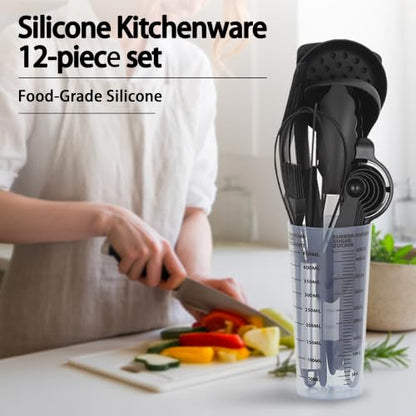 16-Piece Silicone Kitchen Utensil Set with Measuring Cup, Red | Dishwasher-safe BPA-free tools for nonstick cookware, with tongs, whisk, 5 measuring spoons and a 500ml measuring cup holder - color: Red