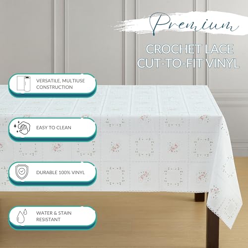 Threadmade Floral Lace-Inspired 3-Yard Cut-to-fit Vinyl Tablecloth/Table Protector, White - 54" W x 108" L - color: Floral White