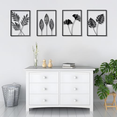 QXSXKJ Metal Wall Art, Black Frame Decor 4pack Modern Farmhouse Decor, 3d Metal Wall Ginkgo Art With Lamp for Living Room, Bedroom, Kitchen, Office (without light 17x12) - size: without light 17x12