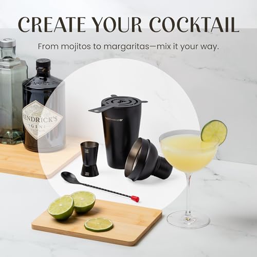 Cocktail Shaker Set - 8 Piece Bartender Kit on Quality Pine Stand | Complete Cocktail Kit Gift Set | Top Bartender Gifts for Men | Leak Proof Design (Black) - color: Black / Light Stand, size: 8 Pieces