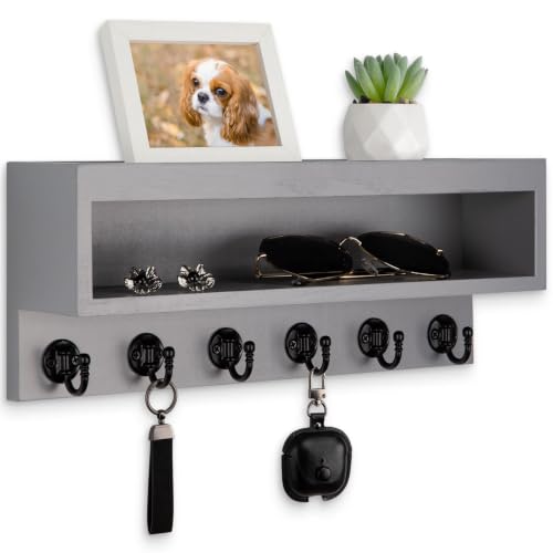 Key and Mail Holder Wall Mount, Key Hanger with Long Storage Box and 6 Hooks for Coat, Dog Leash, Home Decor Rack, House Accessories, Entry Way Organizer - color: Gray