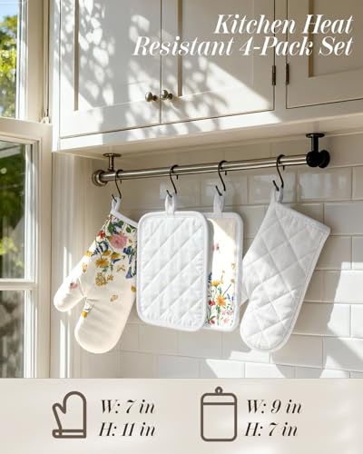 Miss Adola Cotton Oven Mitts and Pot Holders Sets, Meadow Bliss | Heat-resistant up to 350°F, Pure Cotton, Quilted Contact Surface, Stylish Design, with Hanging Loop, Ready to Gift Package - color: Meadow Bliss