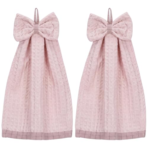2 Pack Decorative Waffle Weave Hanging Hand Towels with Bowknot | 9x13 inch set. Ideal for kitchen, bathroom. Absorbs water fast, dries hands quickly. 3D bowknot loop. 13" x 9" Pink - color: Pink