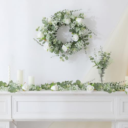LUWENER 120 Pcs 5 Kinds Mixed Artificial Eucalyptus Leaves Stems,Bulk Fake Silver Dollar Leaves Faux Greenery Branches for Wedding DIY Bouquets, Floral Arrangement & Home Decor | White Silk Roses and Baby Breath Bulk, Fake Silver Dollar Leaves for Wedding