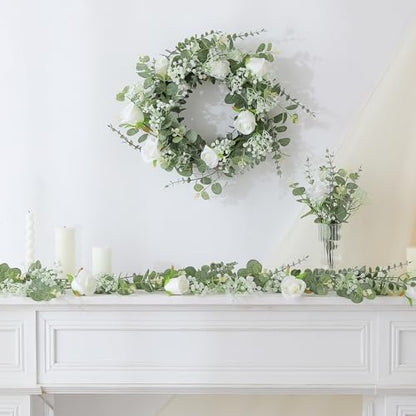 LUWENER 120 Pcs 5 Kinds Mixed Artificial Eucalyptus Leaves Stems,Bulk Fake Silver Dollar Leaves Faux Greenery Branches for Wedding DIY Bouquets, Floral Arrangement & Home Decor | White Silk Roses and Baby Breath Bulk, Fake Silver Dollar Leaves for Wedding
