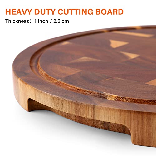 End Grain Butcher Block Round 12 IN, Premium Acacia Wood Cutting Board with Juice Groove, TJ POP Medium Chopping Board for Kitchen, 1 IN Thick - color: End grain-round