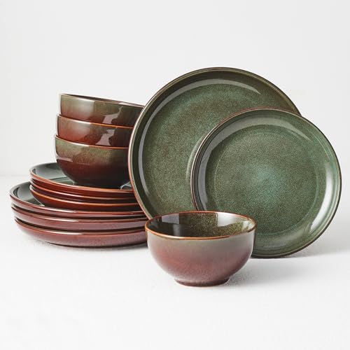 Stoneware Dinnerware Sets Service for 4, 12 pcs Reactive Glaze Plates and Bowls Sets, Handmade Ceramic Dish Set, Highly Chip and Crack Resistant Modern Plate Set, Brown Green - color: Brown Green, size: 12pcs (for 4)