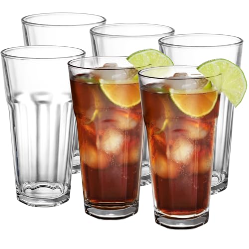 Yopay Set of 6 Drinking Glasses 16oz, Thick Tempered Water Glasses, Lead-Free Highball Pint Clear Iced Hot Tea Glassware for Juice, Beer, Cocktails Milkshake, Soda Tumbler