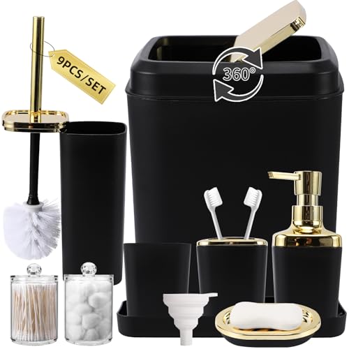 XLHOMO Bathroom Set, 9PC Bathroom Accessory Set, Black Bathroom Accessories, Black Bathroom Set, Trash Can, Soap Dispenser for Home Decor - color: Gold and Black, size: Bathroom Set