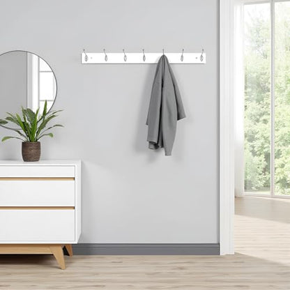 Wood Wall Mounted Coat Rack 32 inch (80cm) with 7 Silver Hooks, Lang Wooden White Wall Coat Hook Rack for Entrance, Hallway, Bedroom, White Wall Clothes Hanger - size: Long-31.5in(80cm),7 Silver Hooks, style: Modern