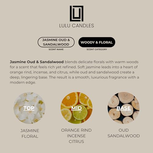 Lulu Candles | Jasmine, Oud & Sandalwood | Luxury Scented Soy Jar Candle | Hand Poured in The USA | Highly Scented & Long Lasting (9 Oz.) - size: 9 Oz.