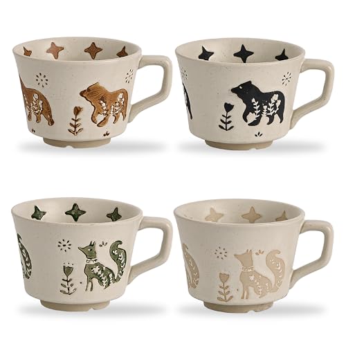 12 oz Vintage Ceramic Coffee Mug Set of 4 - Handmade Stoneware Pottery Countryside Farmhouse Fall Autumn Tea Mugs with Big Handle for Latte,Cocoa,Dishwasher & Microwave Safe Cups (Animals) - color: Animals,Set of 4