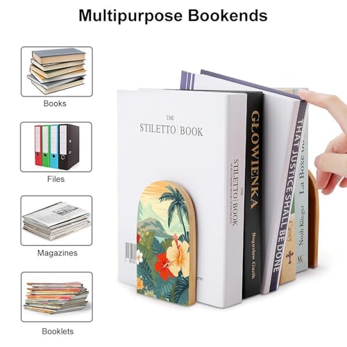 Summer Hawaiian Book Ends for Shelves - 2 Pack Handmade Wooden Bookends with Metal Base, Sturdy Book Holder for Heavy Books Modern Decorative Book Stopper for Home Office