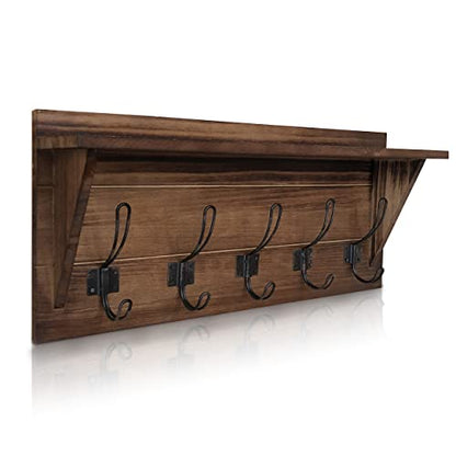 HBCY Creations Rustic Brown Solid Wood Wall Mounted Coat Rack with Shelf, 5 Hooks, 24" Long - Kitchen, Mudroom, Entryway, Bathroom - Includes Mounting Hardware, Coat Hanger, Dog Leash Hooks - color: 1- Rustic Brown