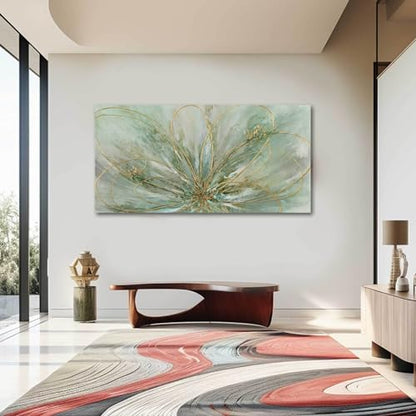 YJYart Abstract Wall Art Green and Gold Hand Painted Oil Painting Blossom Botanical Large Picture for Living Room Bedroom Kitchen Office 30x60 Inch - color: Green, size: 58"L x 29"W