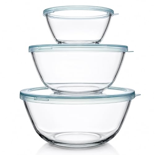 Luvan Glass Mixing Bowls with Lids Set(4.5QT, 2.7QT, 1.1QT)-Large Glass Mixing Bowls, Clear Salad Bowl for Baking, Cooking, Serving, Food Prep, 3PC Nesting Bowls for Kitchen Storage & Dishwasher Safe - color: 3 Pack Clear Blue