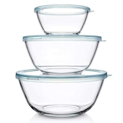 Luvan Glass Mixing Bowls with Lids Set(4.5QT, 2.7QT, 1.1QT)-Large Glass Mixing Bowls, Clear Salad Bowl for Baking, Cooking, Serving, Food Prep, 3PC Nesting Bowls for Kitchen Storage & Dishwasher Safe - color: 3 Pack Clear Blue