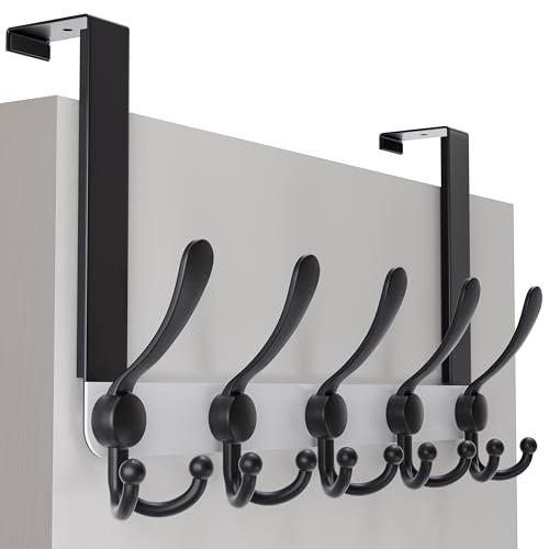 SKOLOO Over The Door Hook - for Doors up to 1-3/4'' Thickness, Metal Door Hanger with 5 Triple Hooks, Black on White Over The Door Hanger for Coats, Hats, Towels, Assembly Required - color: White & Black, size: 1 Pack