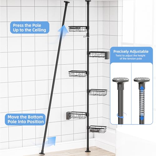 GearFusion Shower Caddy Organizer Tension Pole, Rustproof 4 Tier Corner Shower Rack with 25–114 Inch Adjustable Height for Bathroom Storage, Extra Towel Rack, Soap Dish and Toothbrush Holder, Black
