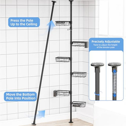 GearFusion Shower Caddy Organizer Tension Pole, Rustproof 4 Tier Corner Shower Rack with 25–114 Inch Adjustable Height for Bathroom Storage, Extra Towel Rack, Soap Dish and Toothbrush Holder, Black