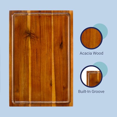 happimess Eldridge Large 18" x 12" Acacia Cutting Board, Brown | Handcrafted, 1 Inch Thick, Reversible Design, Juice Grooves, Authentic Wood Grain, Rectangular, Farmhouse Style - color: Brown, size: 18"L x 12"W
