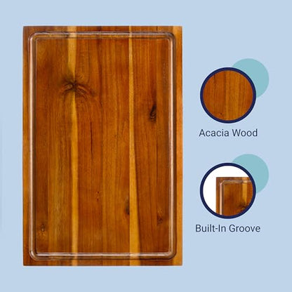 happimess Eldridge Large 18" x 12" Acacia Cutting Board, Brown | Handcrafted, 1 Inch Thick, Reversible Design, Juice Grooves, Authentic Wood Grain, Rectangular, Farmhouse Style - color: Brown, size: 18"L x 12"W