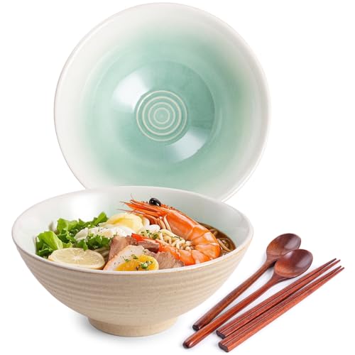 Ceramic Japanese Ramen Bowl Set, 2 Sets Asian Pho Udon Soup Noodle Bowls with Spoons and Chopsticks (Green, 8 inches) - color: Green