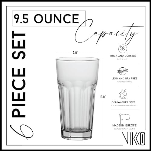 Vikko Drinking Glasses, Set of 6 Juice Glasses 9.5 Oz, Thick and Sturdy Kitchen Glasses, Dishwasher Safe Highball Glass Tumbler, Heavy Duty Cups, Water Glasses - style: Morocco