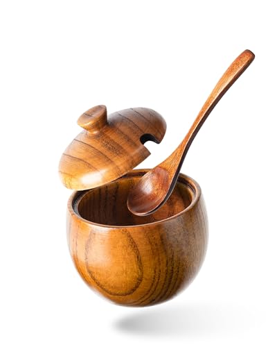 Jujube Wood Salt Cellar, 6 oz Box with Lid and Spoon, 3.3 Inch | Compact lidded bowl keeps salt and seasonings close at hand; the matching spoon rests neatly inside for cleaner serving.
