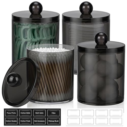 4 Pack Acrylic Qtip Holder Dispenser for Cotton Swabs, Balls, Floss Picks | Thick, Clear Black, w/ Labels - Small Canister Apothecary Jar Set, Bathroom Decor Essentials, Shelf Vanity Storage Organizer - color: Black-4 Pack