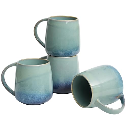 Bosmarlin Large Ceramic Coffee Mug Set of 4, 23 Oz, Microwave and Dishwasher Safe, Reactive Glaze, Big Oversized Tea Cup (Pale Green) - color: Teal