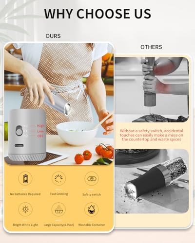 CIRCLE JOY Gravity Electric Salt and Pepper Grinder Set with 2-Speed, Rechargeable Salt and Pepper Grinder Set, Adjustable Coarseness, Whiet LED Light - color: Silver Variable Speeds, size: KYMQ + Rechargeable