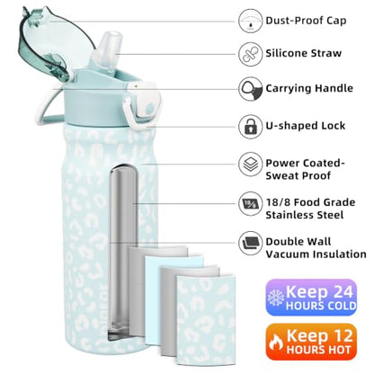 BJPKPK 18 oz Water Bottle with Straw & Handle, Insulated Stainless Flask | Leak Proof Locking Lid, Thermal, Double Wall Vacuum, Metal, Keeps Hot/Cold, BPA Free, Travel & Sports, Light Blue Leopard - color: A-Light Blue Leopard, size: 18 Ounces