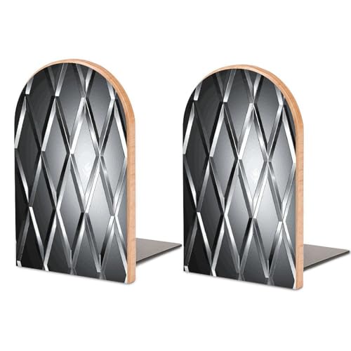 Silver Geometric Figure Bookends 1 Pair Heavy Duty Book Ends for Shelves Non-Skid Bookend Supports Wooden Book Holders with Metal Base Desk Organizers Books Storage to Hold Books