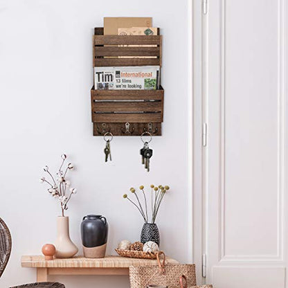 Unistyle Mail Organizer with 4 Hooks, Rustic Brown Wall Mount, Cedar Wood Key Holder for Letters, Magazines, Keys, Dog Leashes - color: Brown