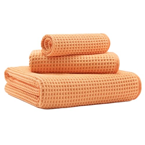 MICROFI Microfiber Waffle Bath Towels, 3 Pieces, Oversized, Soft, Absorbent, Fast Drying, Lint Free, Includes Bath, Face and Hand Towels 430 GSM - color: Orange