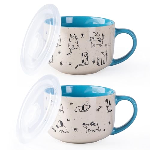 AmorArc 24 Ounces Ceramic Soup Mugs with Lids and Handle, Stoneware Bowls Cup Set of 2 for Soup, Stew, Noodle, Beautiful Mug Bowls With Lovely Dog,Cat Patterns, Microwave&Dishwasher Safe, Blue - color: Blue, size: 24oz
