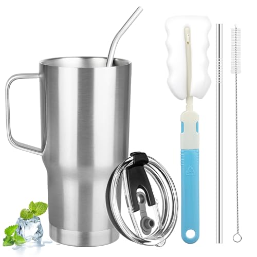 20 oz Tumbler with Handle, Stainless Steel Insulated Tumbler with Lid and Straw, Double Wall Vacuum Coffee Mug Tumbler, Insulated Coffee Thermal Cup for Cold and Hot (Silver) - color: Silver, size: 20 Ounces
