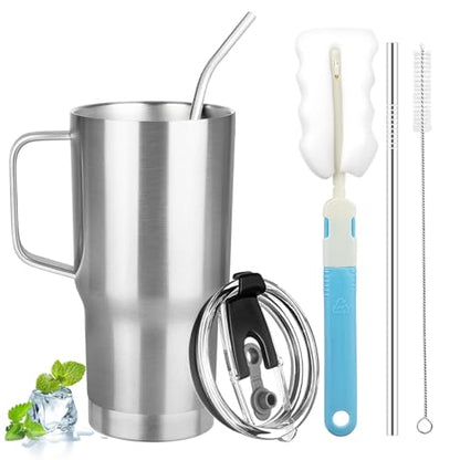 20 oz Tumbler with Handle, Stainless Steel Insulated Tumbler with Lid and Straw, Double Wall Vacuum Coffee Mug Tumbler, Insulated Coffee Thermal Cup for Cold and Hot (Silver) - color: Silver, size: 20 Ounces