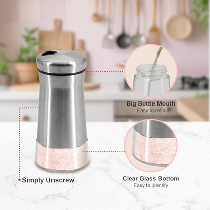 Farmhouse Salt and Pepper Shakers with Adjustable Pour Holes, Refillable Salt Shaker by Aelga, Ideal for Himalayan, Kosher, Black and White Pepper - color: Silver