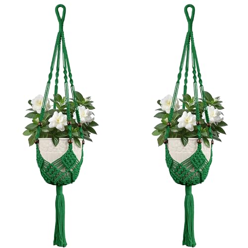USLAI Macrame Plant Hanger Indoor Outdoor, Up to 3-6.5 inch Pot, Hanging Planter Holder with Beads and Tassels, Boho Home Decor, 35+35 Inch, Green (POTS NOT Included) - color: 35+35 Inch - Green