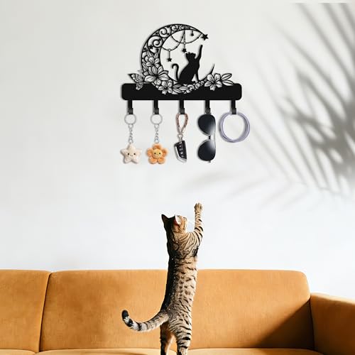 Cat Key Holder for Wall, Cat on Moon Entryway Decorative Key Hooks | Cat with floral moon & star design, 6 hooks 13.4" x 9.5", for keys, entryway, cute storage & wall decor gift.