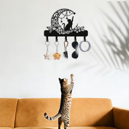 Cat Key Holder for Wall, Cat on Moon Entryway Decorative Key Hooks | Cat with floral moon & star design, 6 hooks 13.4" x 9.5", for keys, entryway, cute storage & wall decor gift.