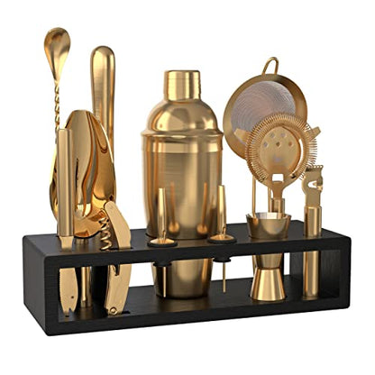 Highball & Chaser Bartender Kit with Espresso Bamboo Stand. Beautiful Cobbler Cocktail Shaker Set with Bar Tools Rustproof Stainless Steel Bar Set (Matte Gold) - color: Matte Gold
